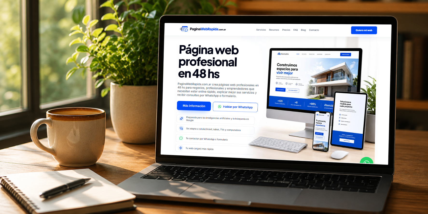 PaginaWebRapida en una pantalla de laptop junto a una taza y cuaderno