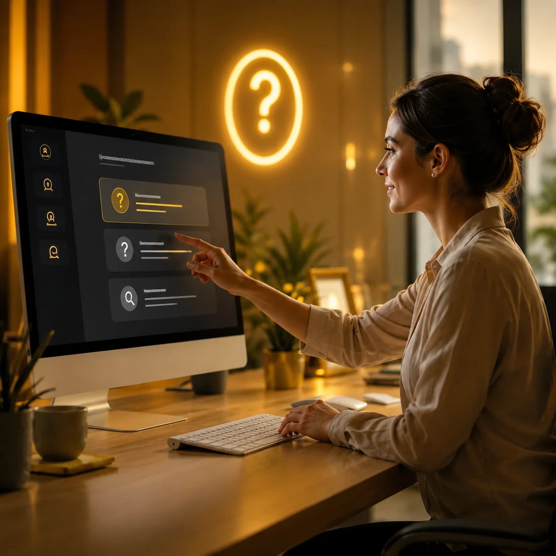 Persona revisando una pantalla con preguntas frecuentes