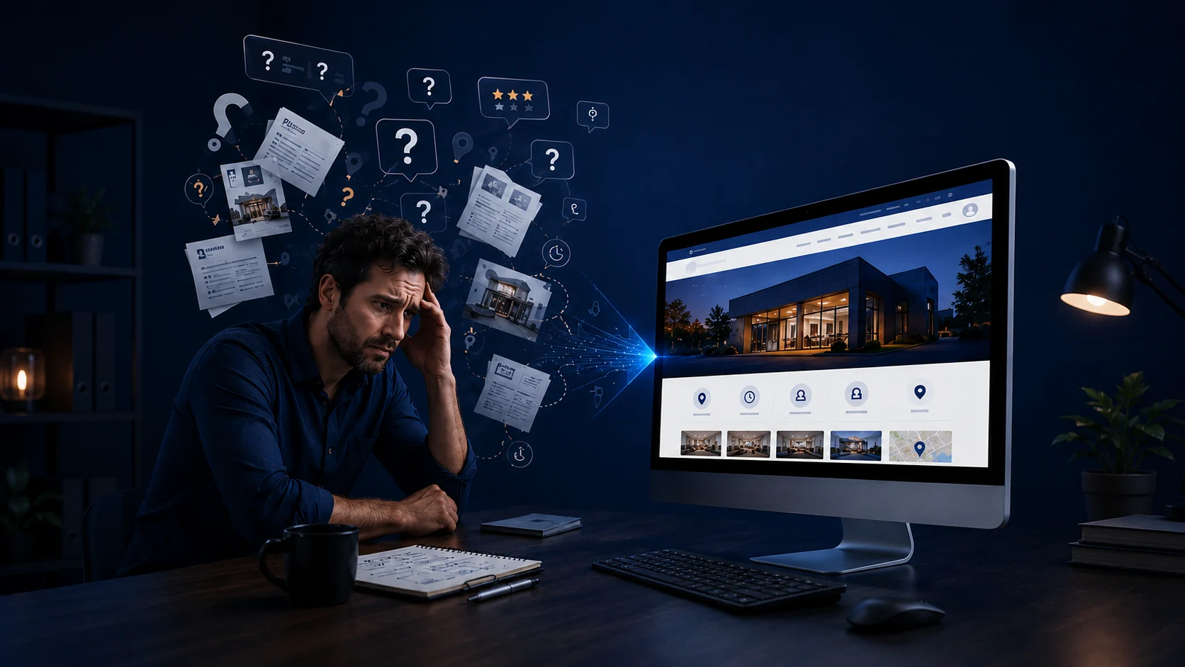 Persona confundida con datos sueltos del negocio que se ordenan en una página web clara