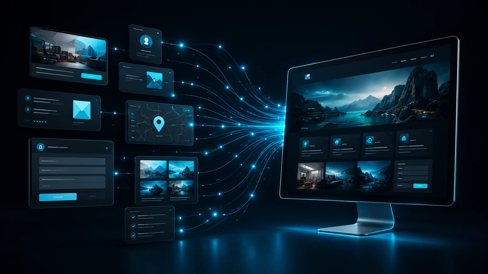 Elementos dispersos del negocio conectándose hacia una página web profesional y ordenada