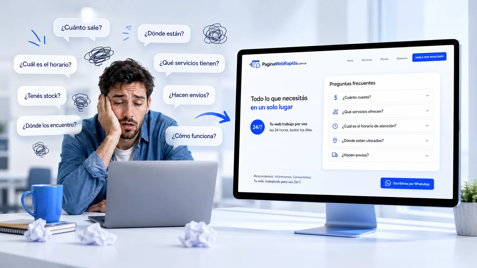 Persona recibiendo muchas preguntas desde redes sociales y una web ordenando la información del negocio
