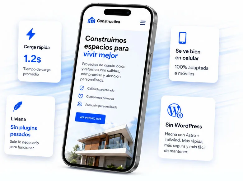Web rápida vista en celular con tarjetas de beneficios