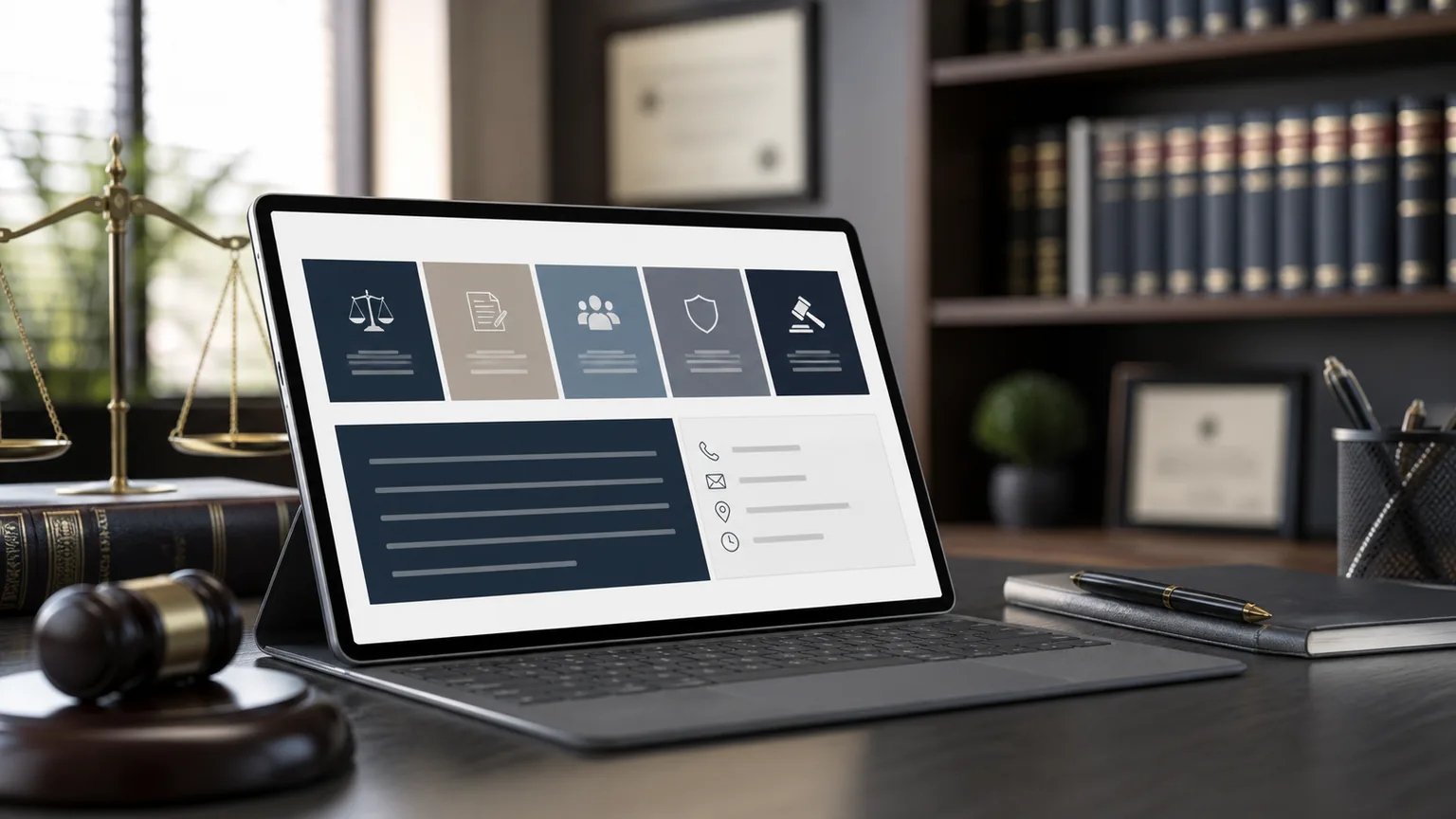 Areas de practica legal y contacto profesional organizados en una pantalla