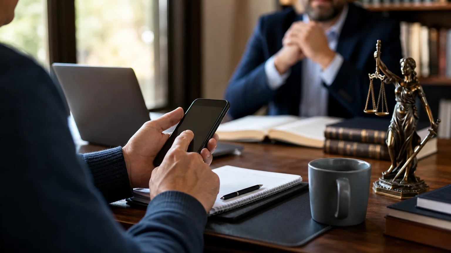 Persona realizando una consulta legal desde el celular en una oficina sobria