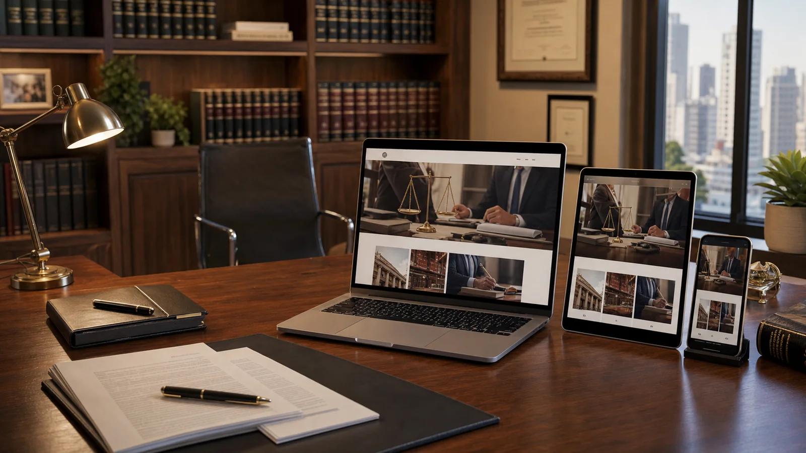 Mockup de pagina web para abogados en computadora, tablet y telefono sobre un estudio juridico sobrio