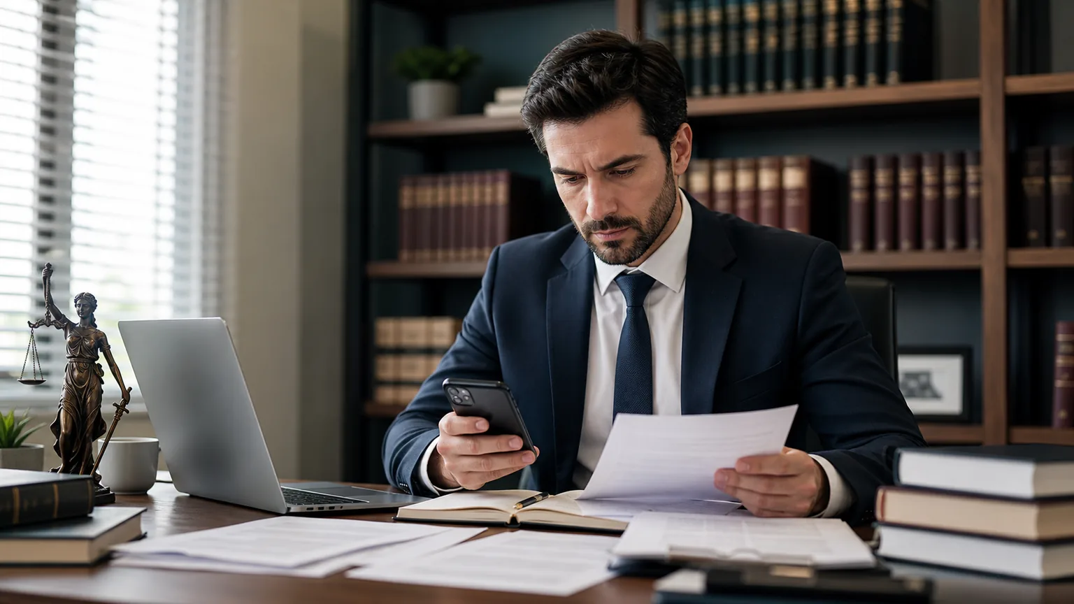 Abogado revisando consultas y documentos en un escritorio profesional