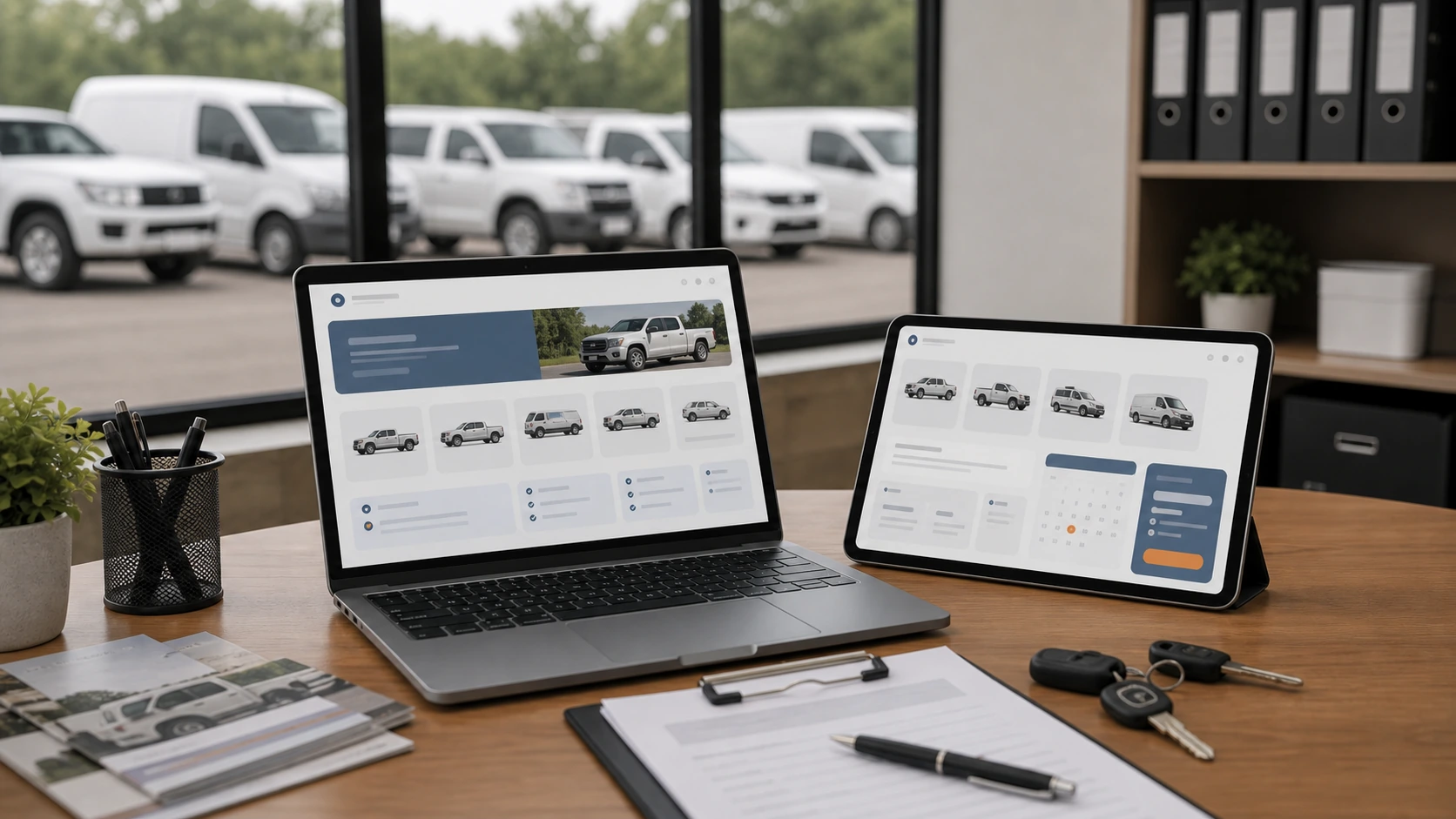 Pantalla o composición visual mostrando servicios, fotos, ubicación, contacto, propuesta comercial y estructura de alquiler de camionetas de forma clara.