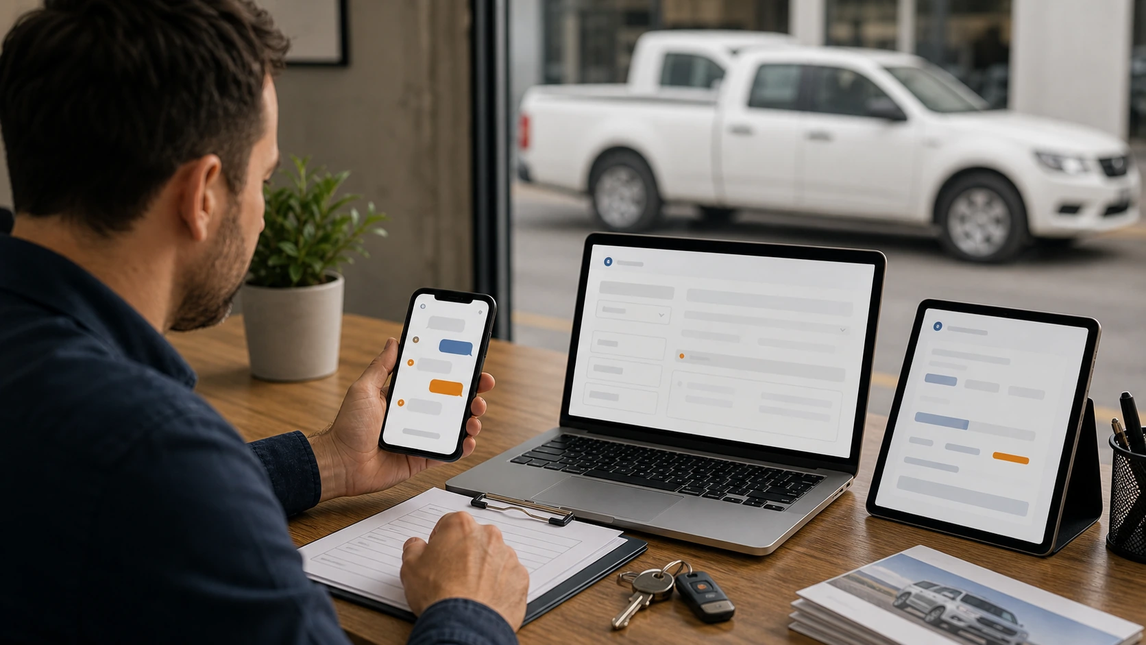 Cliente, paciente o interesado consultando por WhatsApp o formulario en contexto de alquiler de camionetas.