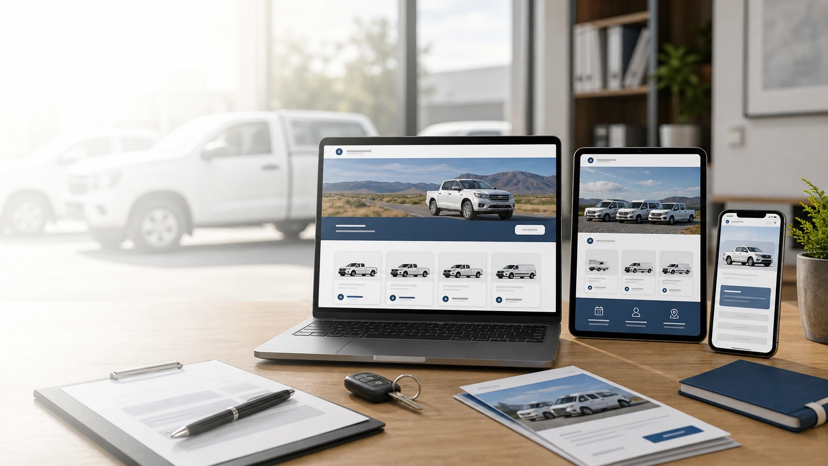 Mockup comercial premium para la sección hero de alquiler de camionetas: computadora, tablet y teléfono mostrando una web del rubro, fondo realista del contexto.