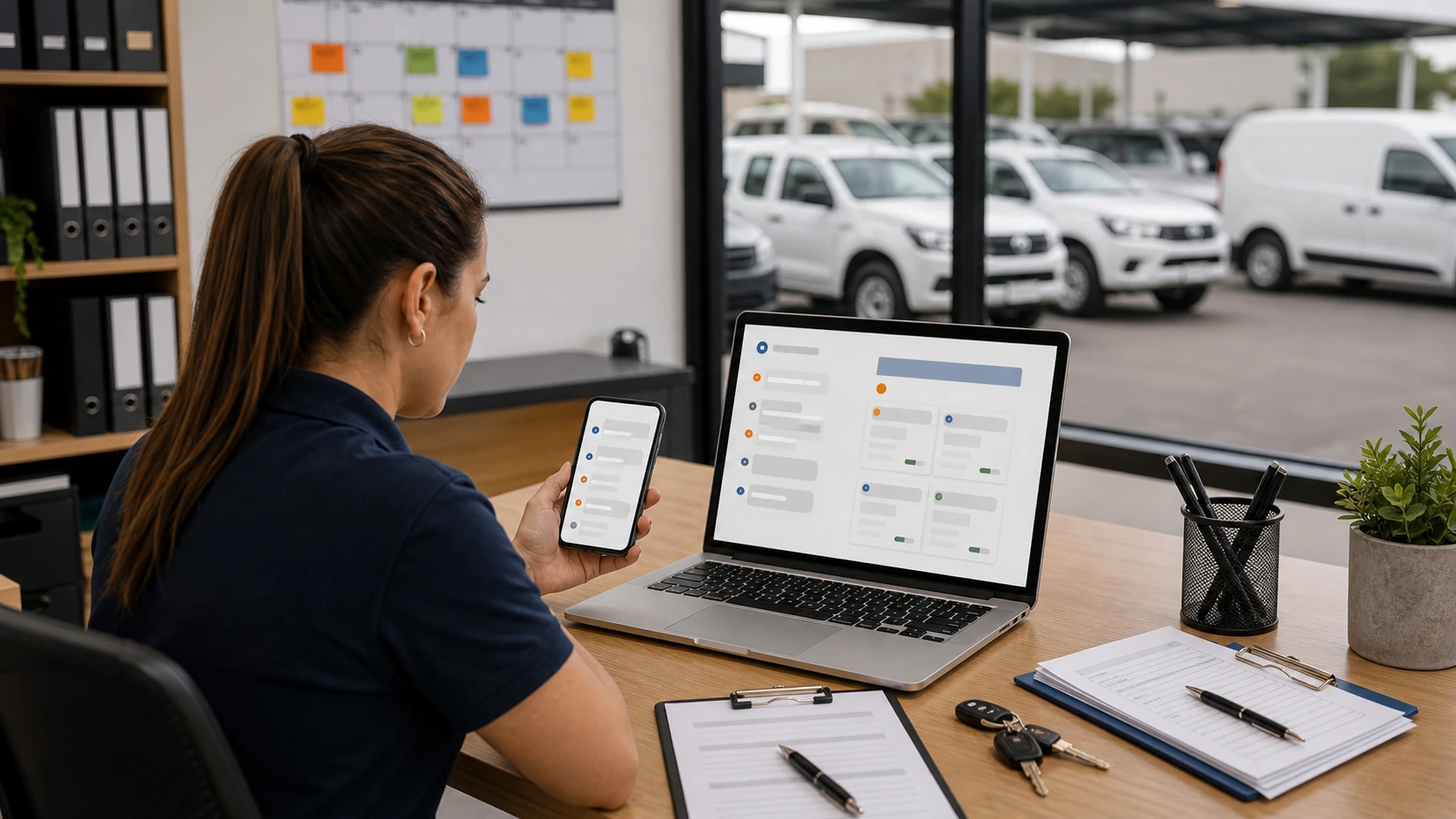 Persona o equipo de alquiler de camionetas gestionando consultas, turnos, reservas, pedidos, presupuestos o mensajes desde notebook/celular.