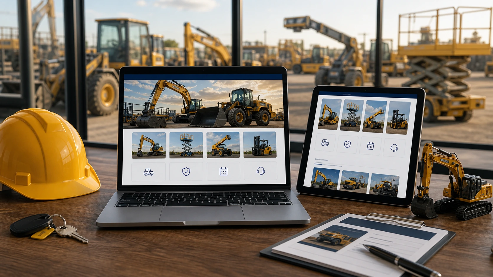 Pantalla o composición visual mostrando servicios, fotos, ubicación, contacto, propuesta comercial y estructura de alquiler de maquinaria de forma clara.