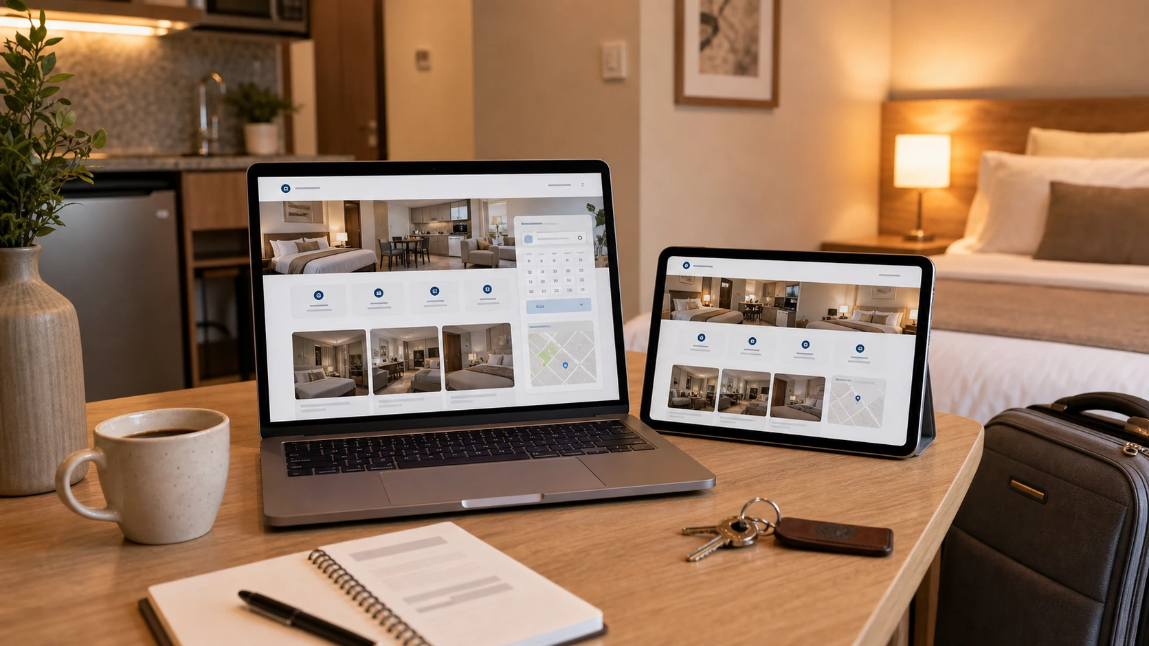 Pantalla o composición visual mostrando servicios, fotos, ubicación, contacto, propuesta comercial y estructura de apart hotel de forma clara.