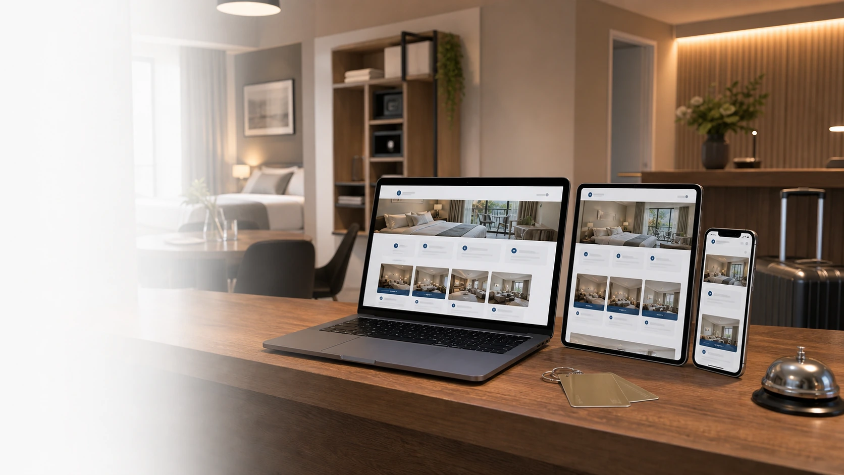 Mockup comercial premium para la sección hero de apart hotel: computadora, tablet y teléfono mostrando una web del rubro, fondo realista del contexto.