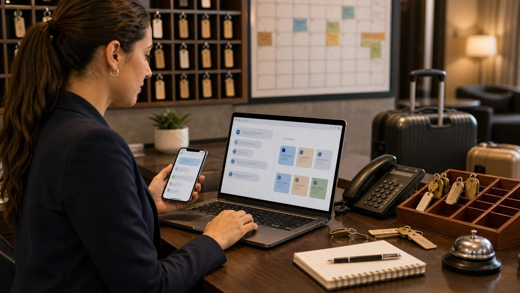 Persona o equipo de apart hotel gestionando consultas, turnos, reservas, pedidos, presupuestos o mensajes desde notebook/celular.