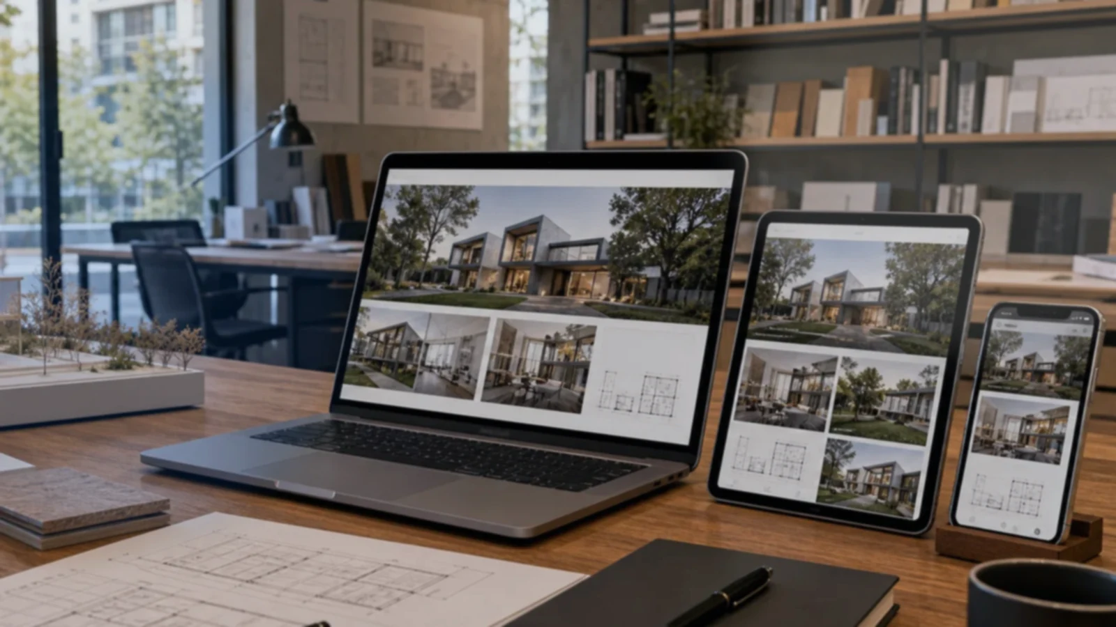 Pantalla o composición visual mostrando servicios, fotos, ubicación, contacto, propuesta comercial y estructura de arquitectos y estudios de arquitectura de forma clara.