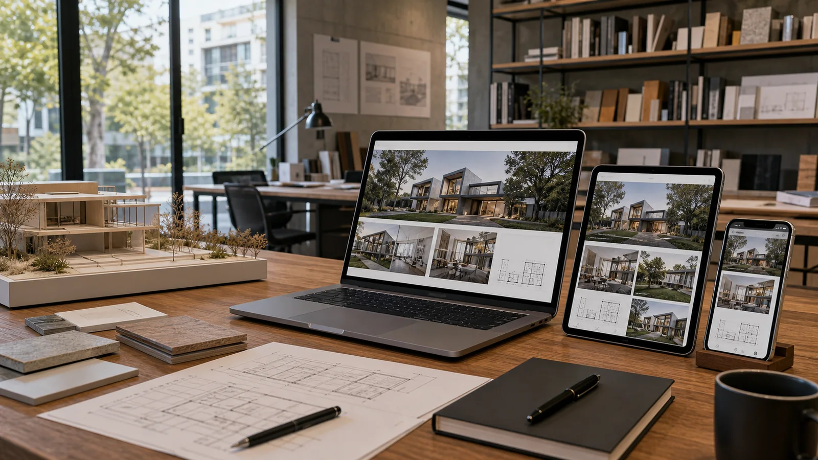 Mockup comercial premium para la sección hero de arquitectos y estudios de arquitectura: computadora, tablet y teléfono mostrando una web del rubro, fondo realista del contexto.
