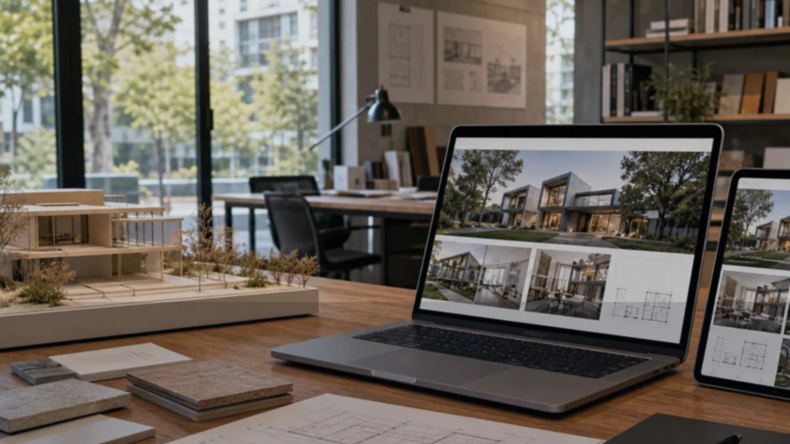 Persona o equipo de arquitectos y estudios de arquitectura gestionando consultas, turnos, reservas, pedidos, presupuestos o mensajes desde notebook/celular.