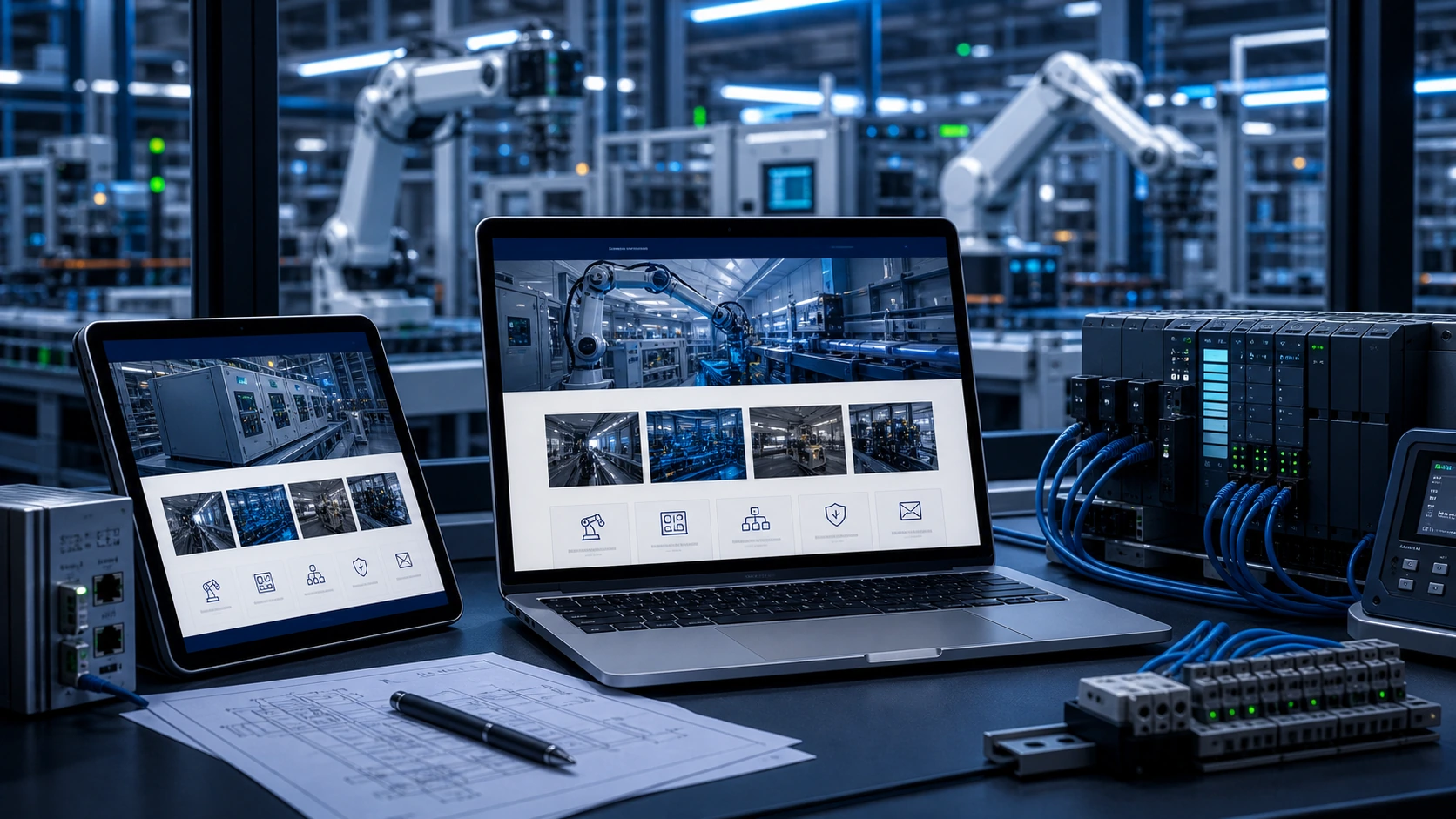 Pantalla o composición visual mostrando servicios, fotos, ubicación, contacto, propuesta comercial y estructura de servicio de automatizacion industrial de forma clara.
