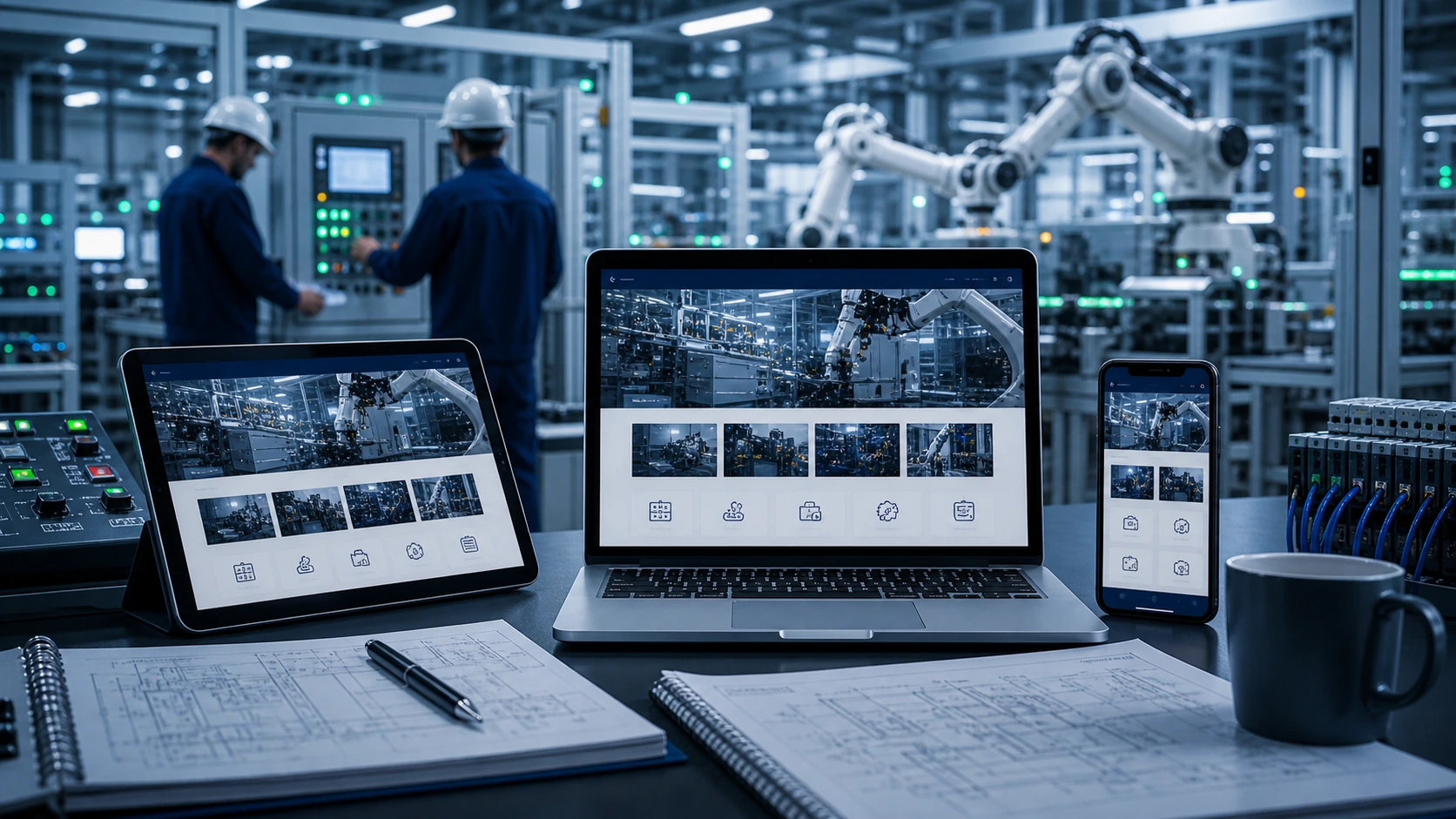 Mockup comercial premium para la sección hero de servicio de automatizacion industrial: computadora, tablet y teléfono mostrando una web del rubro, fondo realista del contexto.