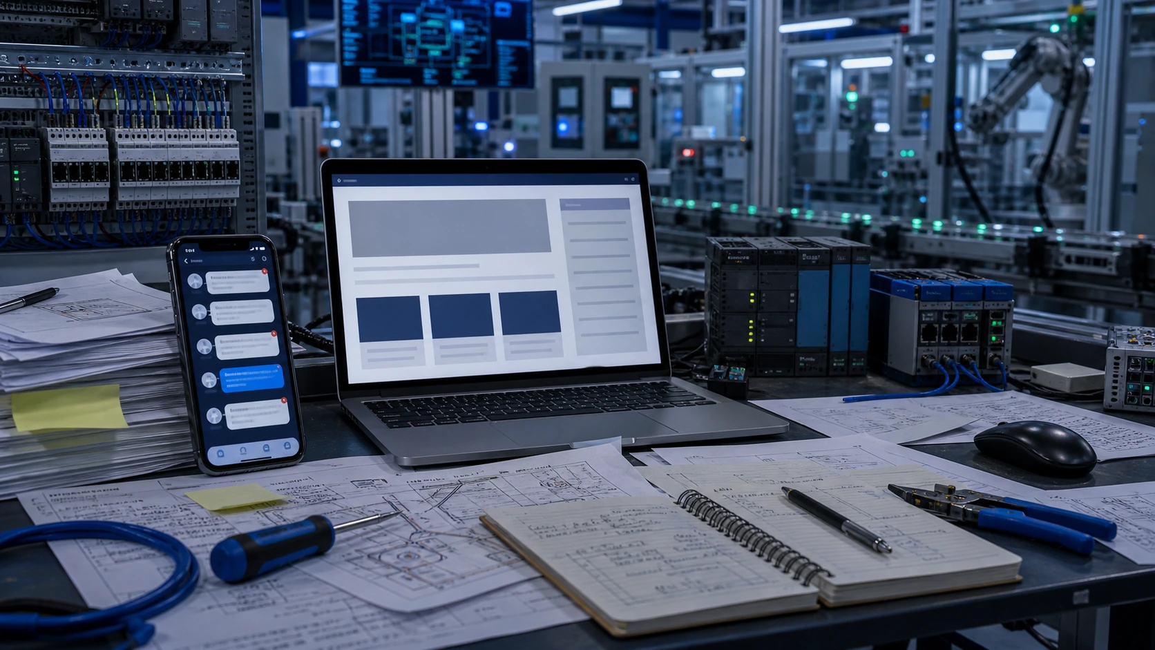 Persona o equipo de servicio de automatizacion industrial gestionando consultas, turnos, reservas, pedidos, presupuestos o mensajes desde notebook/celular.