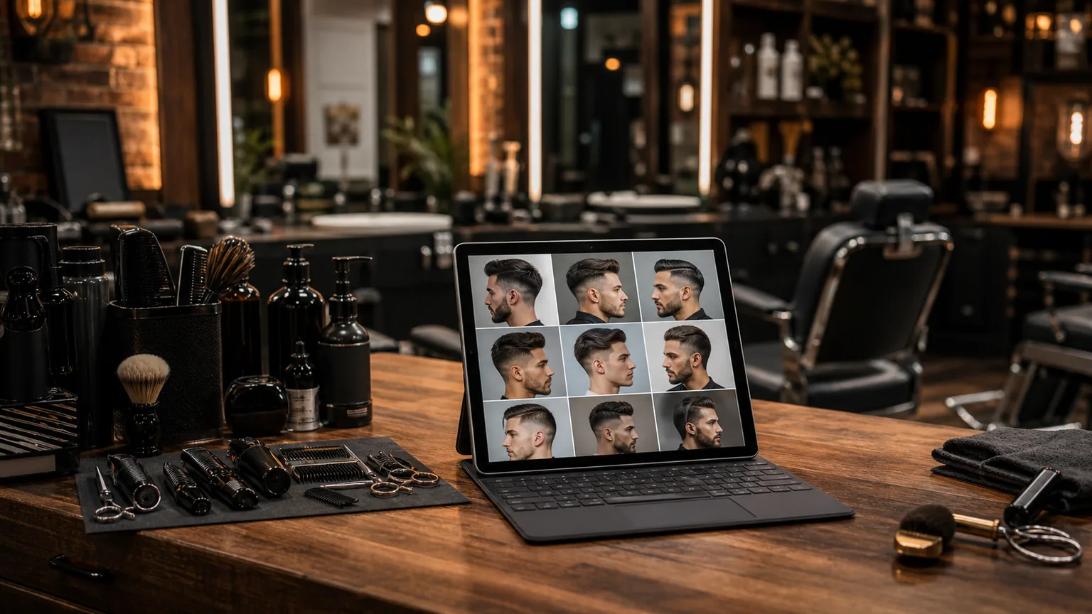 Estilos de corte y barba organizados visualmente en una pantalla de barberia