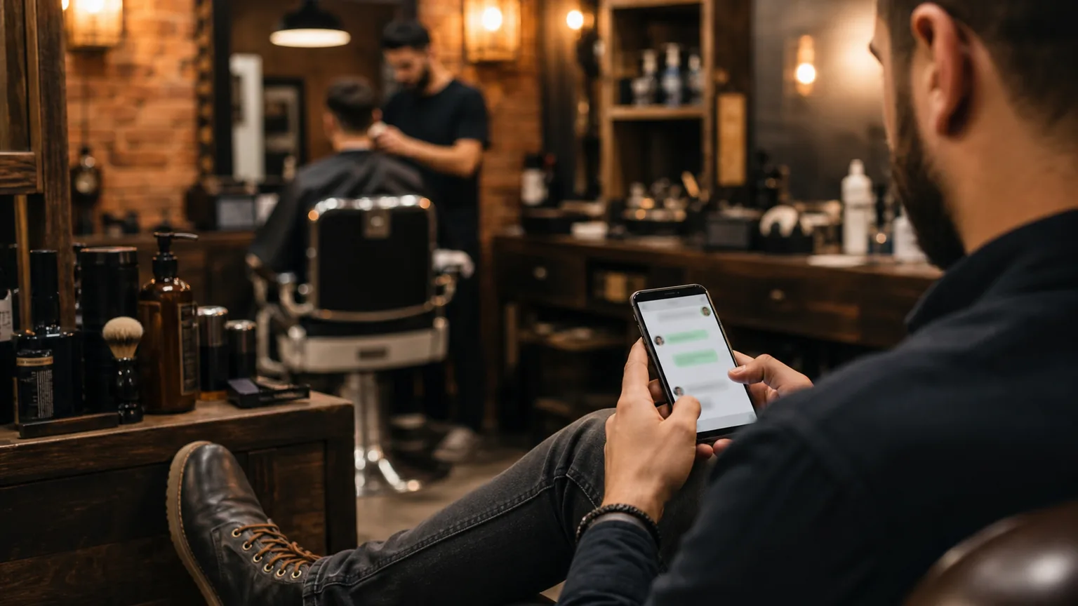 Cliente solicitando turno desde el celular en una barberia calida