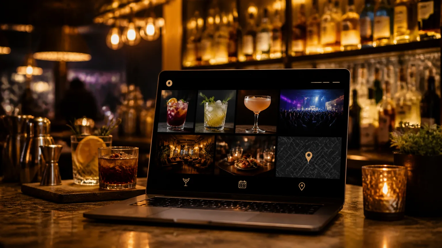 Carta de tragos, eventos, reservas y ubicacion organizados en pantalla