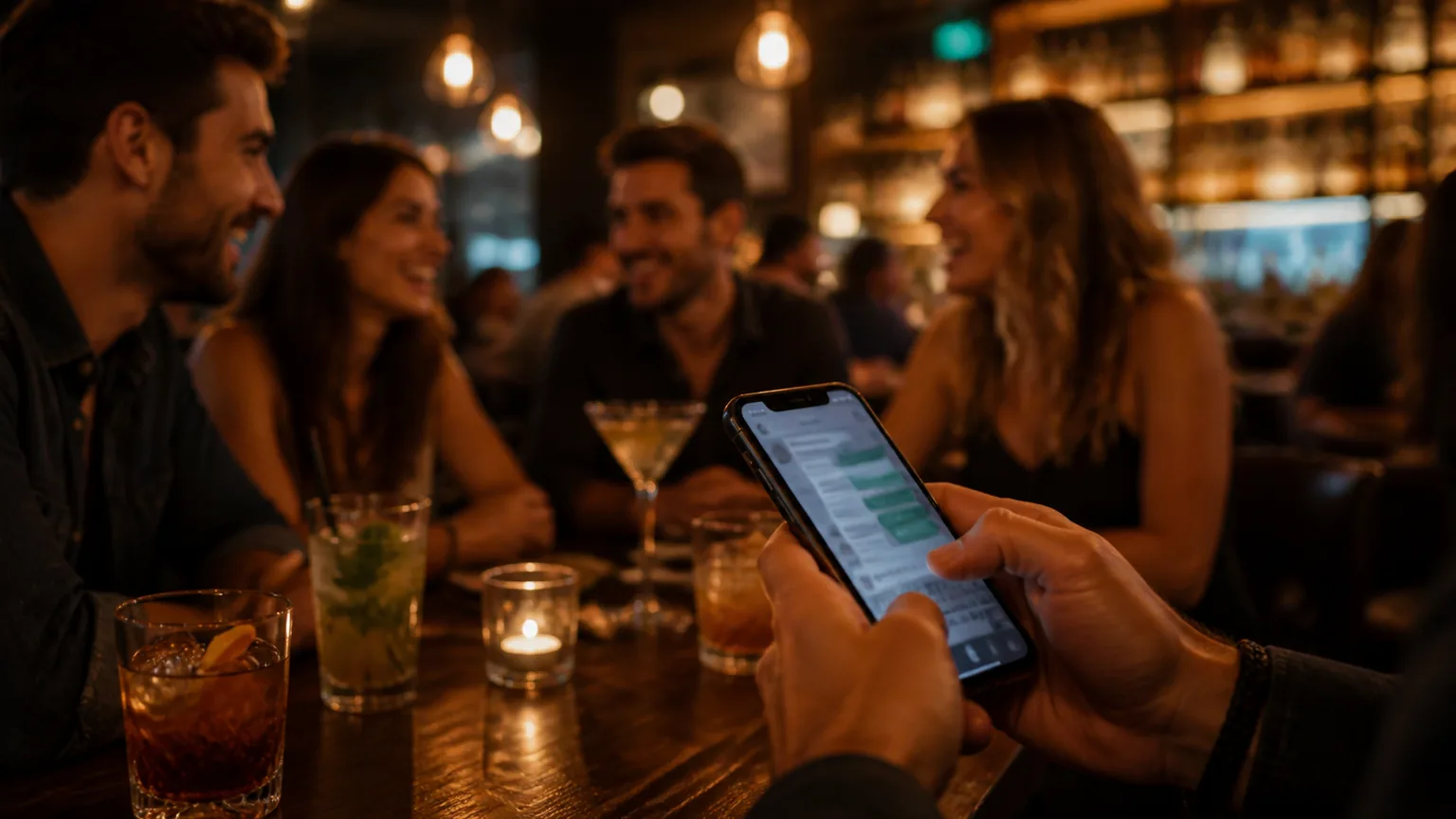 Grupo consultando desde el celular para reservar en un bar calido
