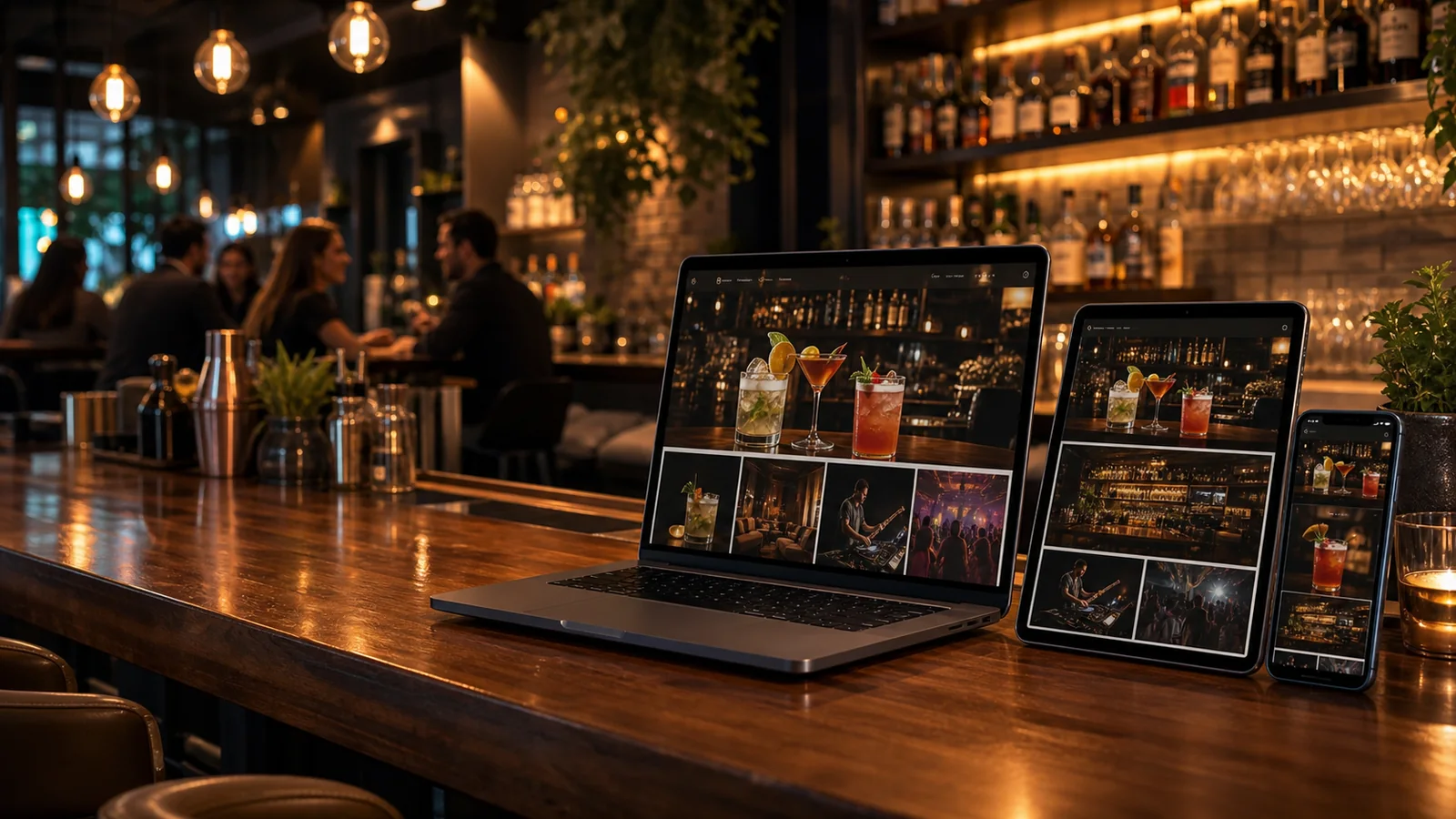 Mockup de pagina web para bar en dispositivos sobre una barra con tragos y ambiente nocturno