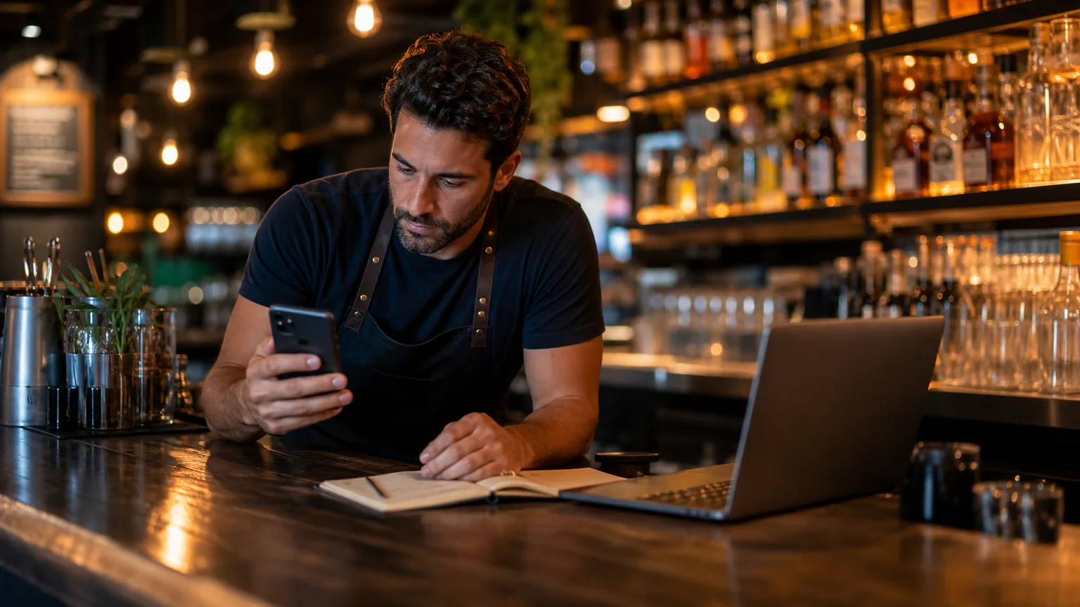 Encargado de bar revisando mensajes sobre horarios, reservas y eventos