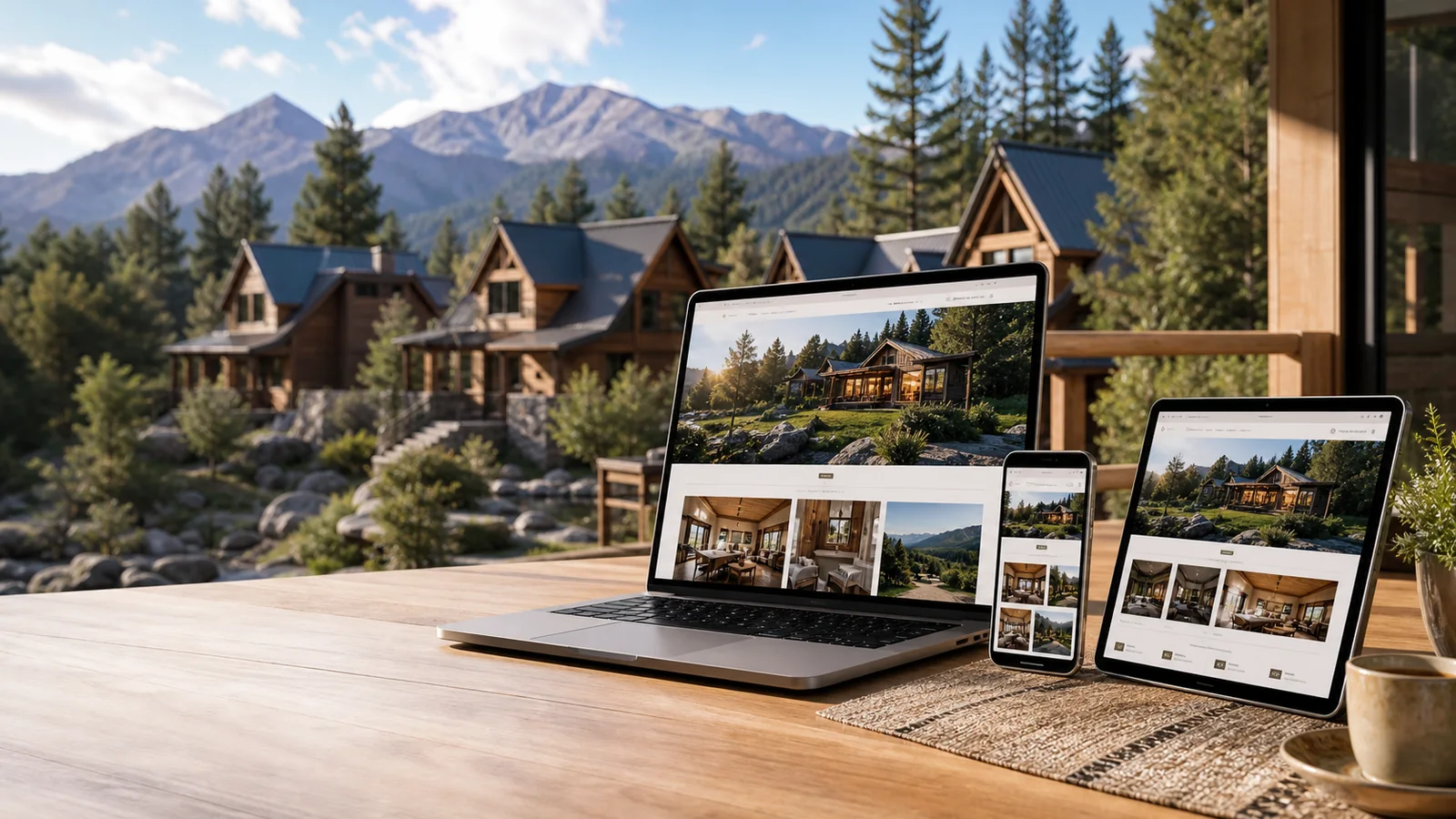 Mockup de pagina web para cabanas en computadora, tablet y telefono sobre un entorno turistico