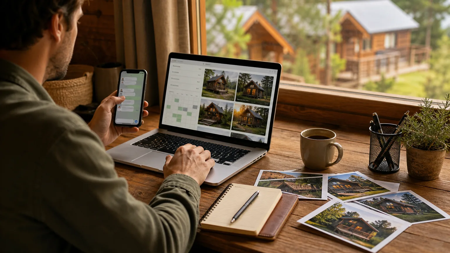 Persona revisando consultas y reservas de cabanas desde una notebook