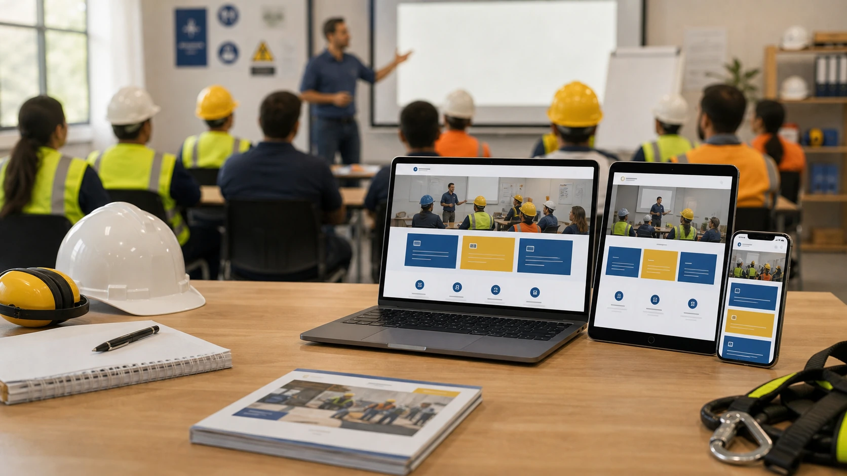 Mockup comercial premium para la sección hero de servicio de capacitaciones laborales: computadora, tablet y teléfono mostrando una web del rubro, fondo realista del contexto.