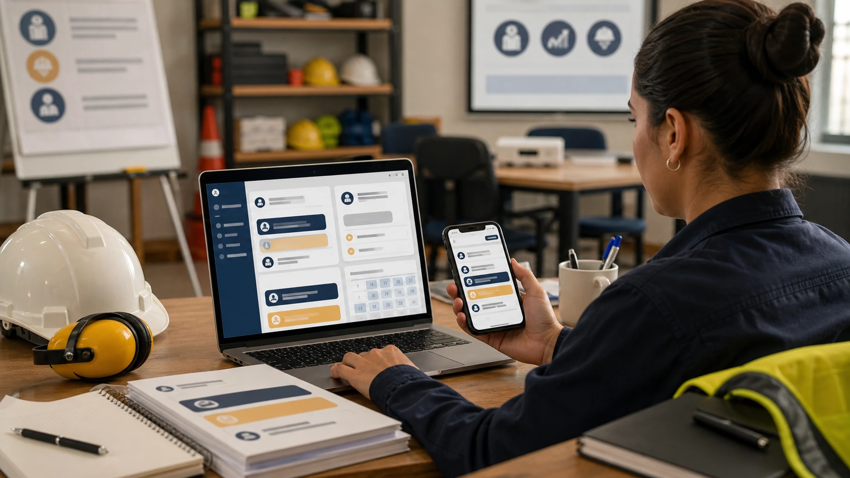 Persona o equipo de servicio de capacitaciones laborales gestionando consultas, turnos, reservas, pedidos, presupuestos o mensajes desde notebook/celular.