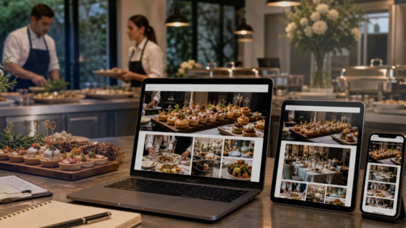 Pantalla o composición visual mostrando servicios, fotos, ubicación, contacto, propuesta comercial y estructura de servicios de catering de forma clara.