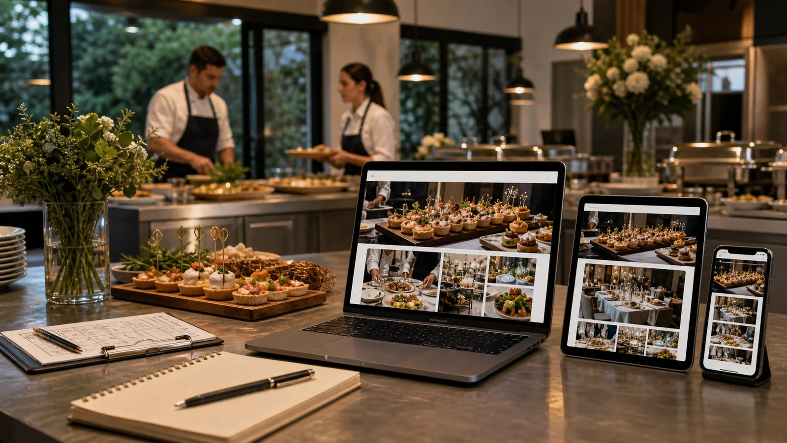 Mockup comercial premium para la sección hero de servicios de catering: computadora, tablet y teléfono mostrando una web del rubro, fondo realista del contexto.