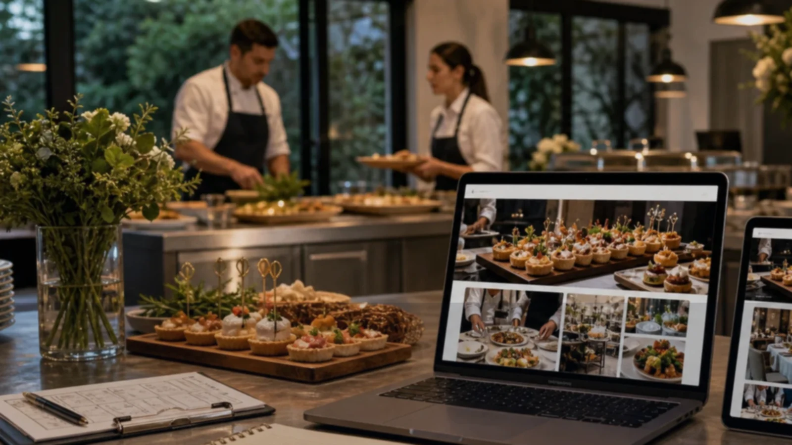 Persona o equipo de servicios de catering gestionando consultas, turnos, reservas, pedidos, presupuestos o mensajes desde notebook/celular.