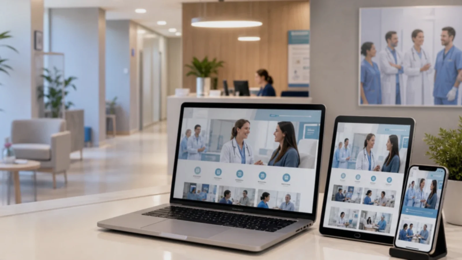 Pantalla o composición visual mostrando servicios, fotos, ubicación, contacto, propuesta comercial y estructura de clínicas y centros médicos de forma clara.