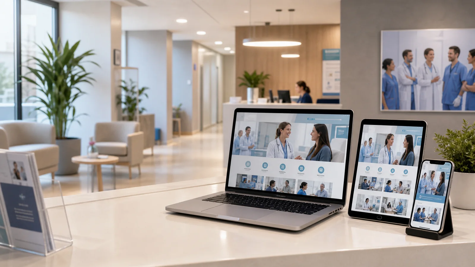 Mockup comercial premium para la sección hero de clínicas y centros médicos: computadora, tablet y teléfono mostrando una web del rubro, fondo realista del contexto.