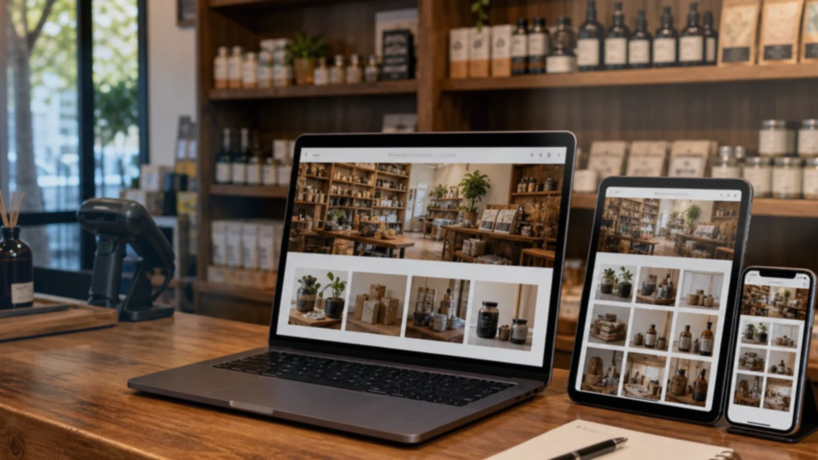 Pantalla o composición visual mostrando servicios, fotos, ubicación, contacto, propuesta comercial y estructura de comercios y locales de forma clara.