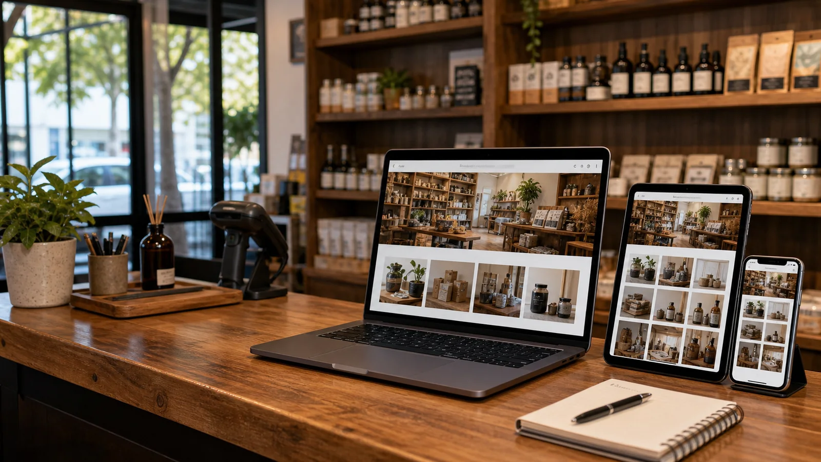 Mockup comercial premium para la sección hero de comercios y locales: computadora, tablet y teléfono mostrando una web del rubro, fondo realista del contexto.