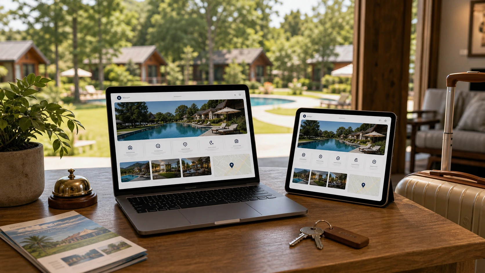 Pantalla o composición visual mostrando servicios, fotos, ubicación, contacto, propuesta comercial y estructura de complejo turistico de forma clara.
