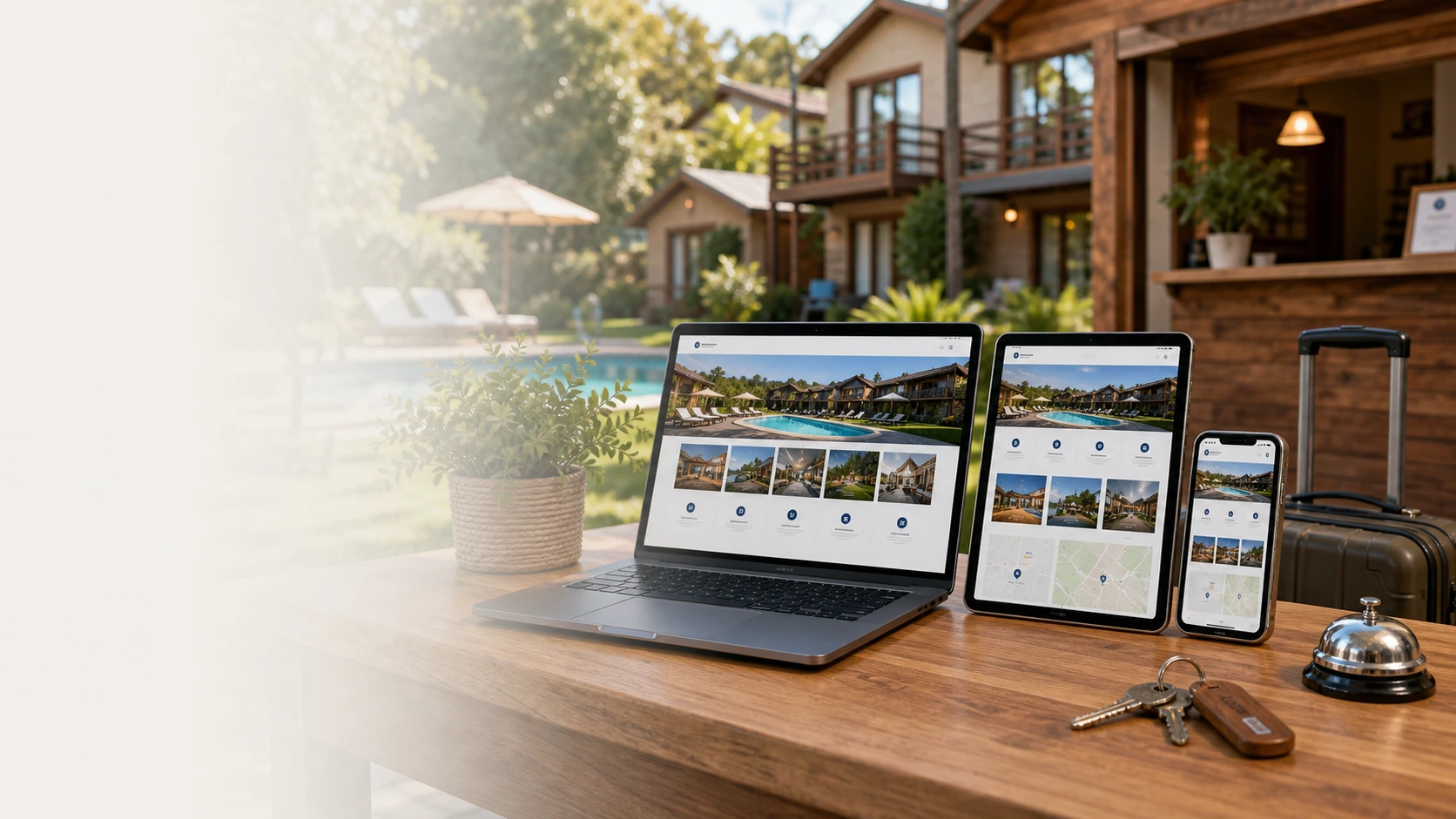 Mockup comercial premium para la sección hero de complejo turistico: computadora, tablet y teléfono mostrando una web del rubro, fondo realista del contexto.