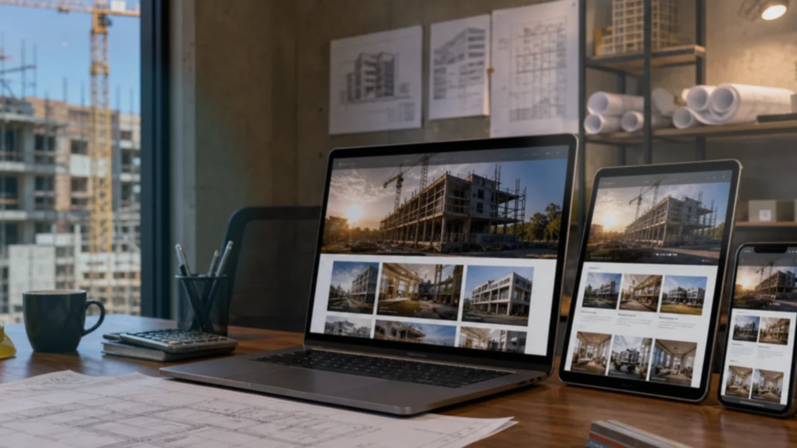 Pantalla o composición visual mostrando servicios, fotos, ubicación, contacto, propuesta comercial y estructura de constructoras, obras y reformas de forma clara.