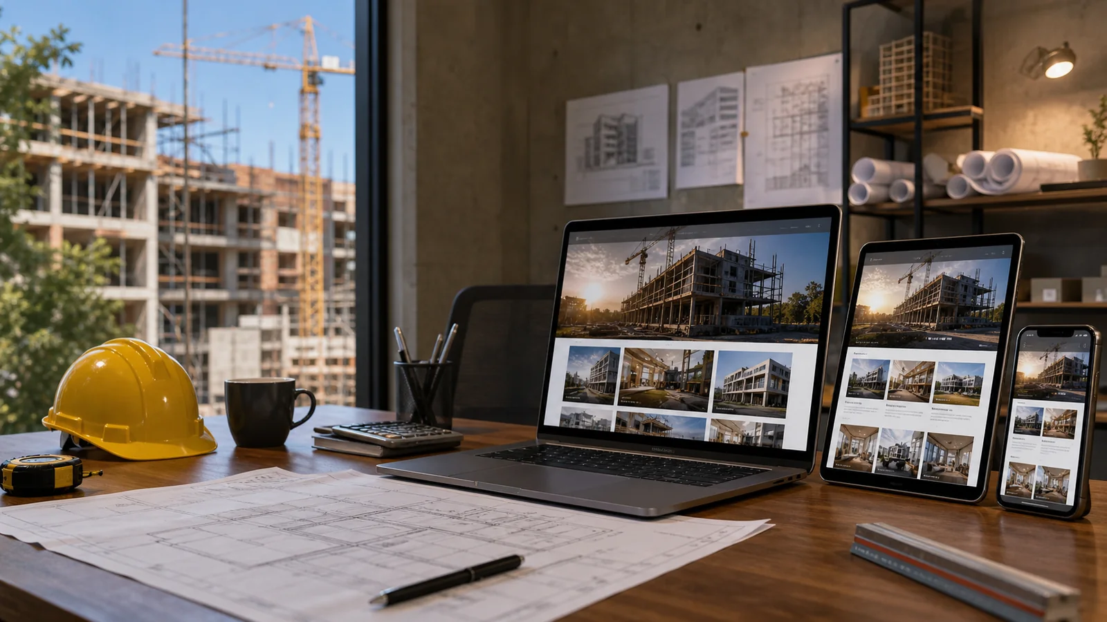 Mockup comercial premium para la sección hero de constructoras, obras y reformas: computadora, tablet y teléfono mostrando una web del rubro, fondo realista del contexto.
