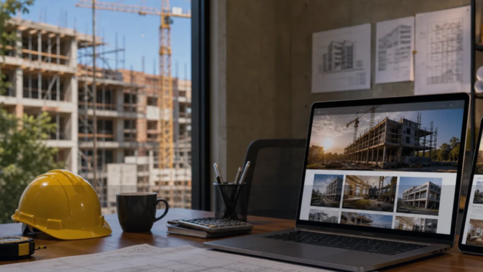 Persona o equipo de constructoras, obras y reformas gestionando consultas, turnos, reservas, pedidos, presupuestos o mensajes desde notebook/celular.