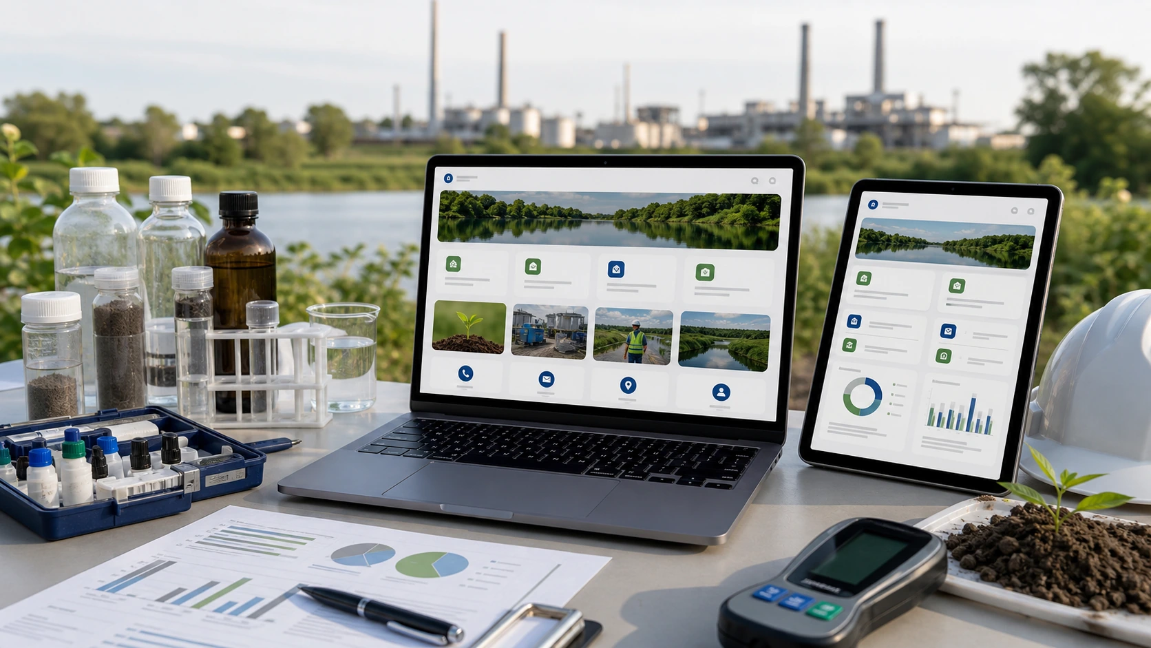 Pantalla o composición visual mostrando servicios, fotos, ubicación, contacto, propuesta comercial y estructura de consultora ambiental de forma clara.
