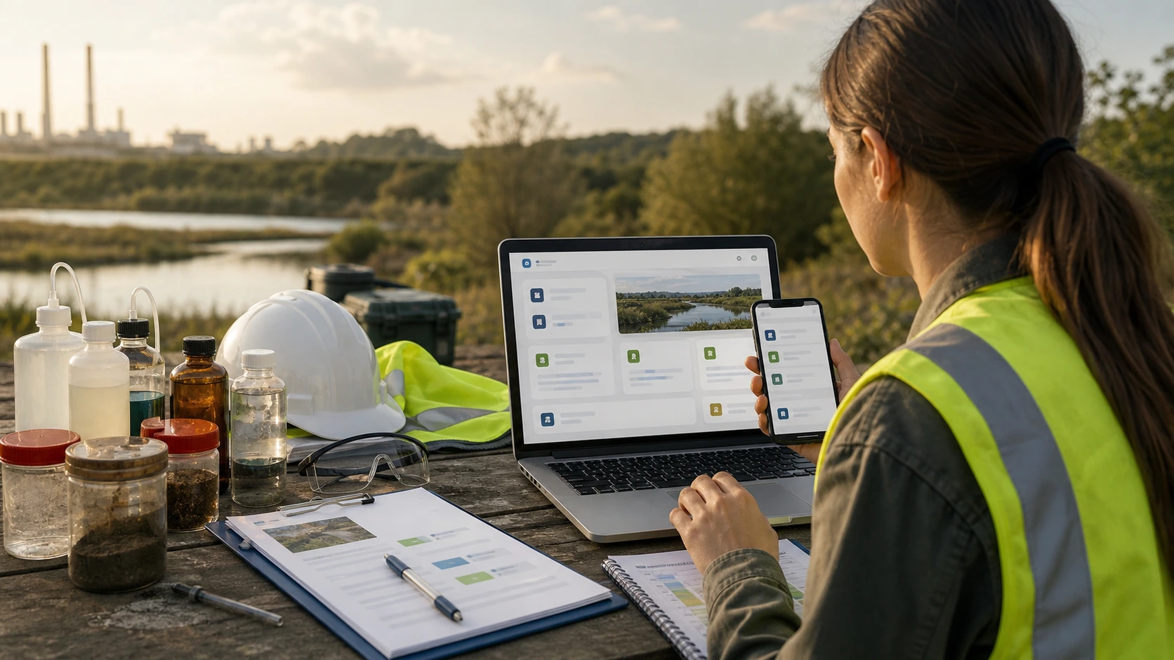 Mockup comercial premium para la sección hero de consultora ambiental: computadora, tablet y teléfono mostrando una web del rubro, fondo realista del contexto.