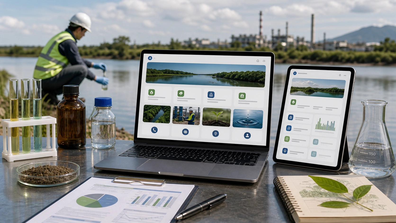 Persona o equipo de consultora ambiental gestionando consultas, turnos, reservas, pedidos, presupuestos o mensajes desde notebook/celular.