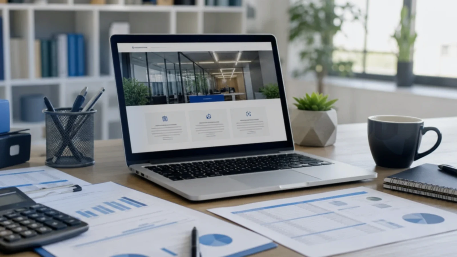 Pantalla o composición visual mostrando servicios, fotos, ubicación, contacto, propuesta comercial y estructura de contadores y estudios contables de forma clara.